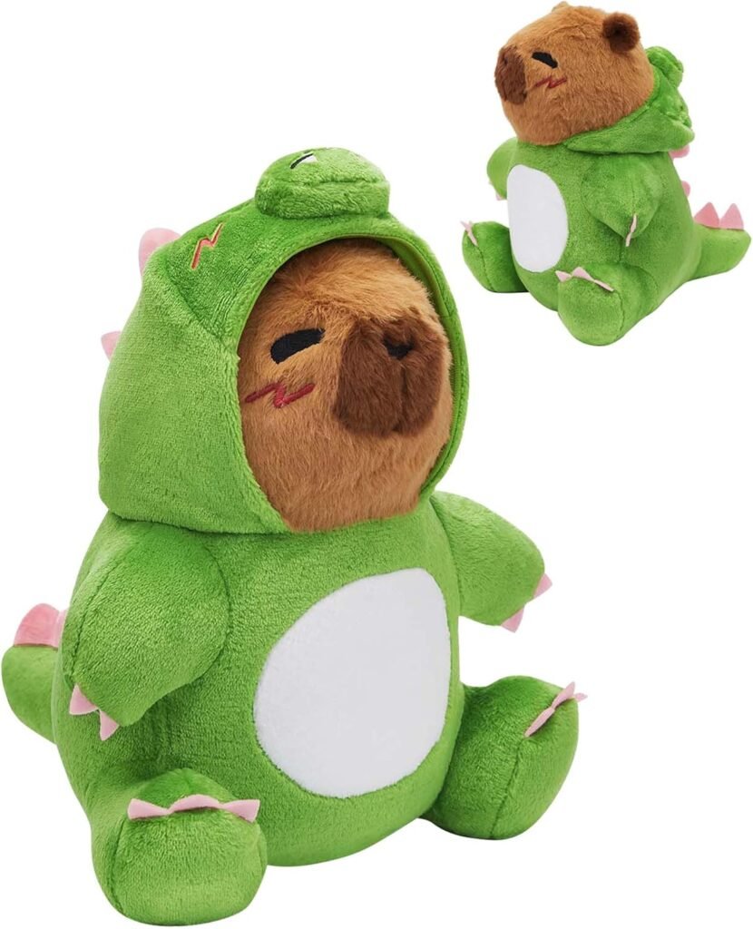 peluche grande de capibara con disfraz de dinosaurio
