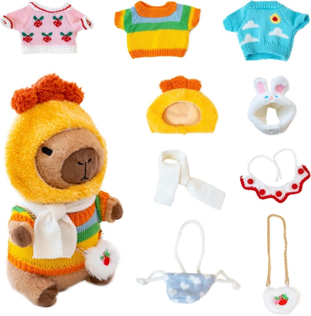 Peluche de capibara con diez piezas de ropa