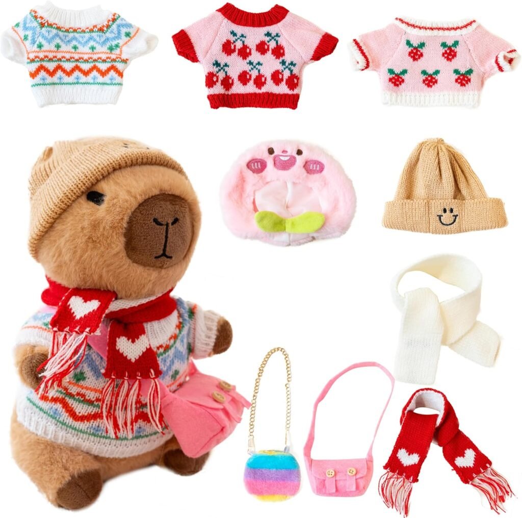 Peluche de capibara con diez piezas de ropa