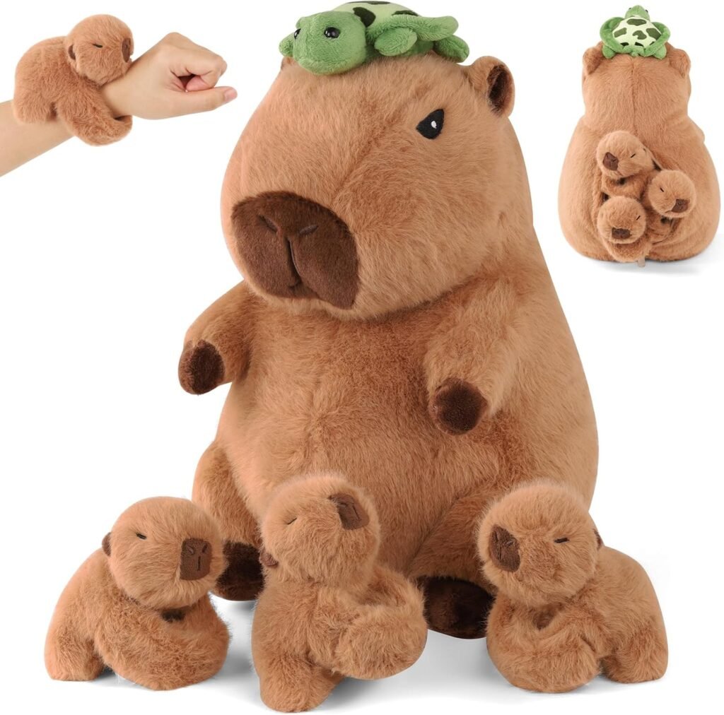 Peluche grande de Capibara con 3 crías pulseras