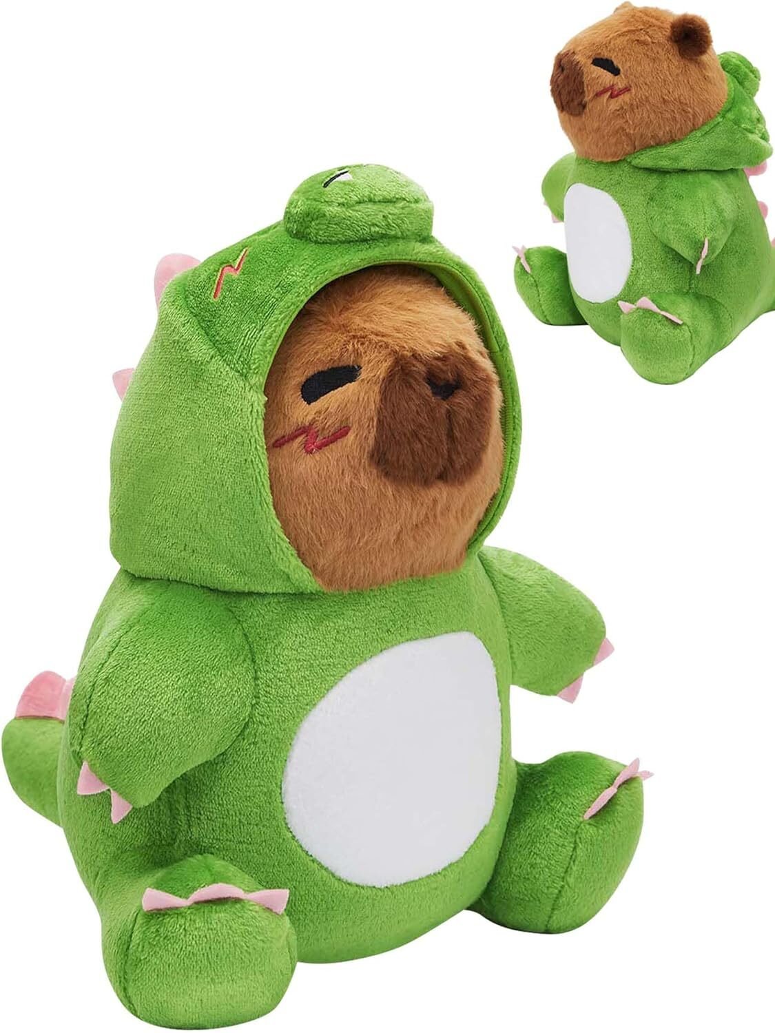 peluche grande de capibara con disfraz de dinosaurio