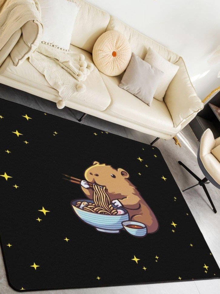 Alfombra Negra de Capibara Comiendo Fideos en las Estrellas