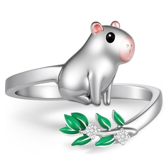 Anillo abierto de Plata con un Capibara con Laureles