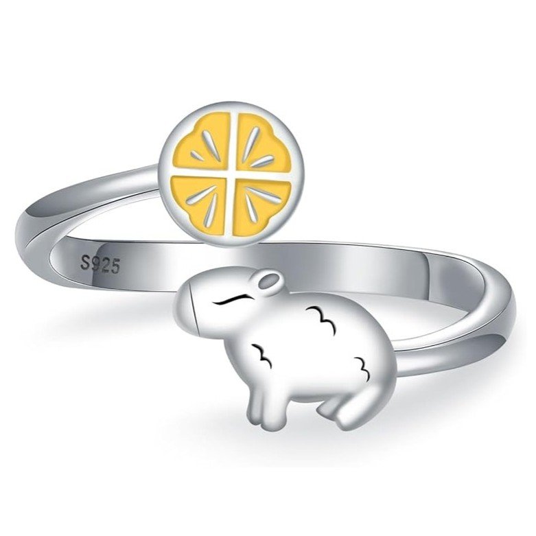 Anillo abierto de Plata con un Capibara y un Limón