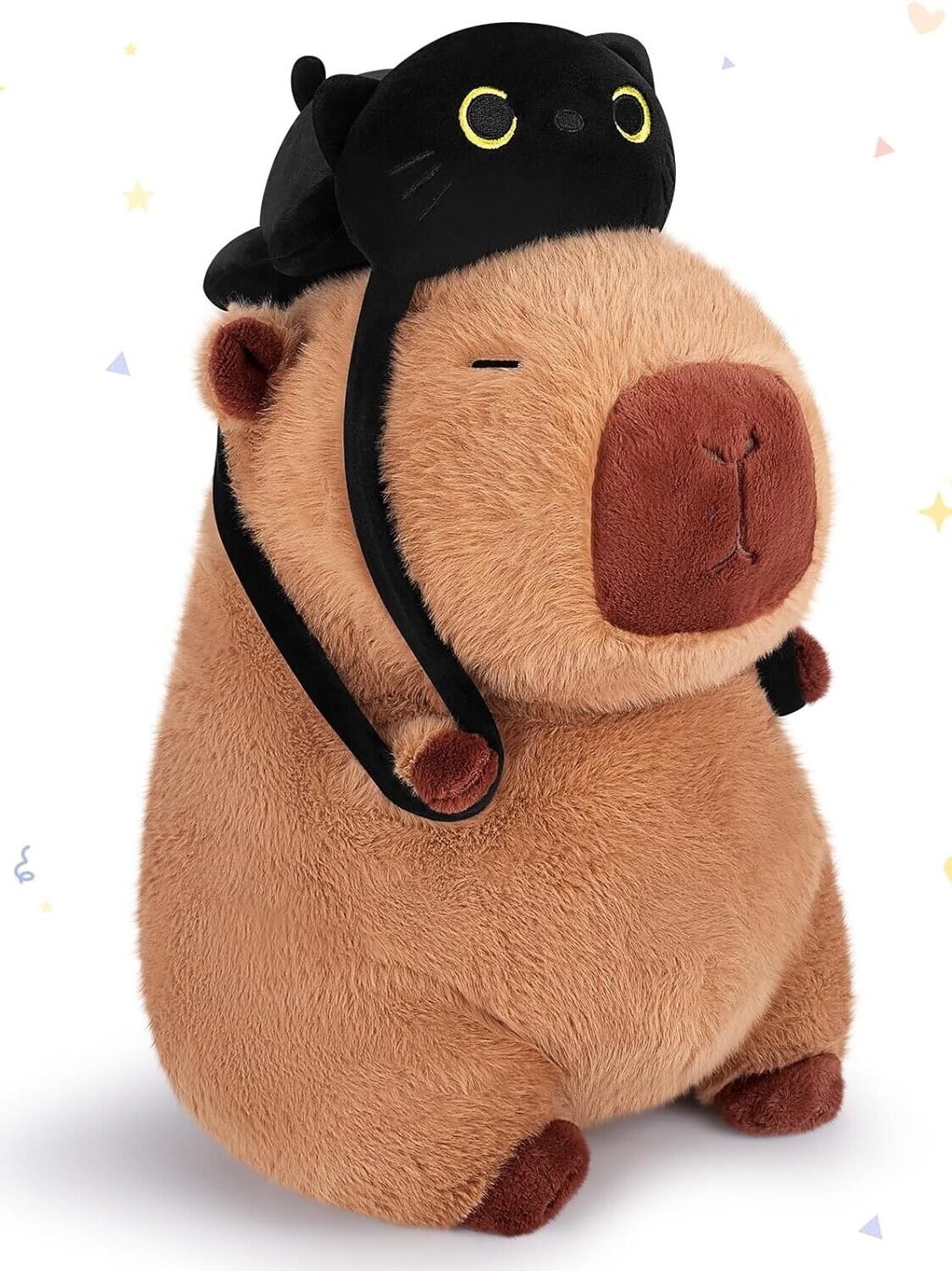 Peluche de Capibara con Mochila de Gato Negro