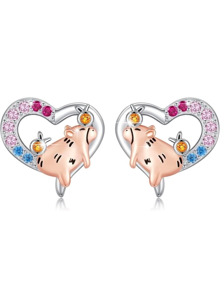 Aretes de Capibara Descansando en un Corazón Lleno de Gemas Coloridas