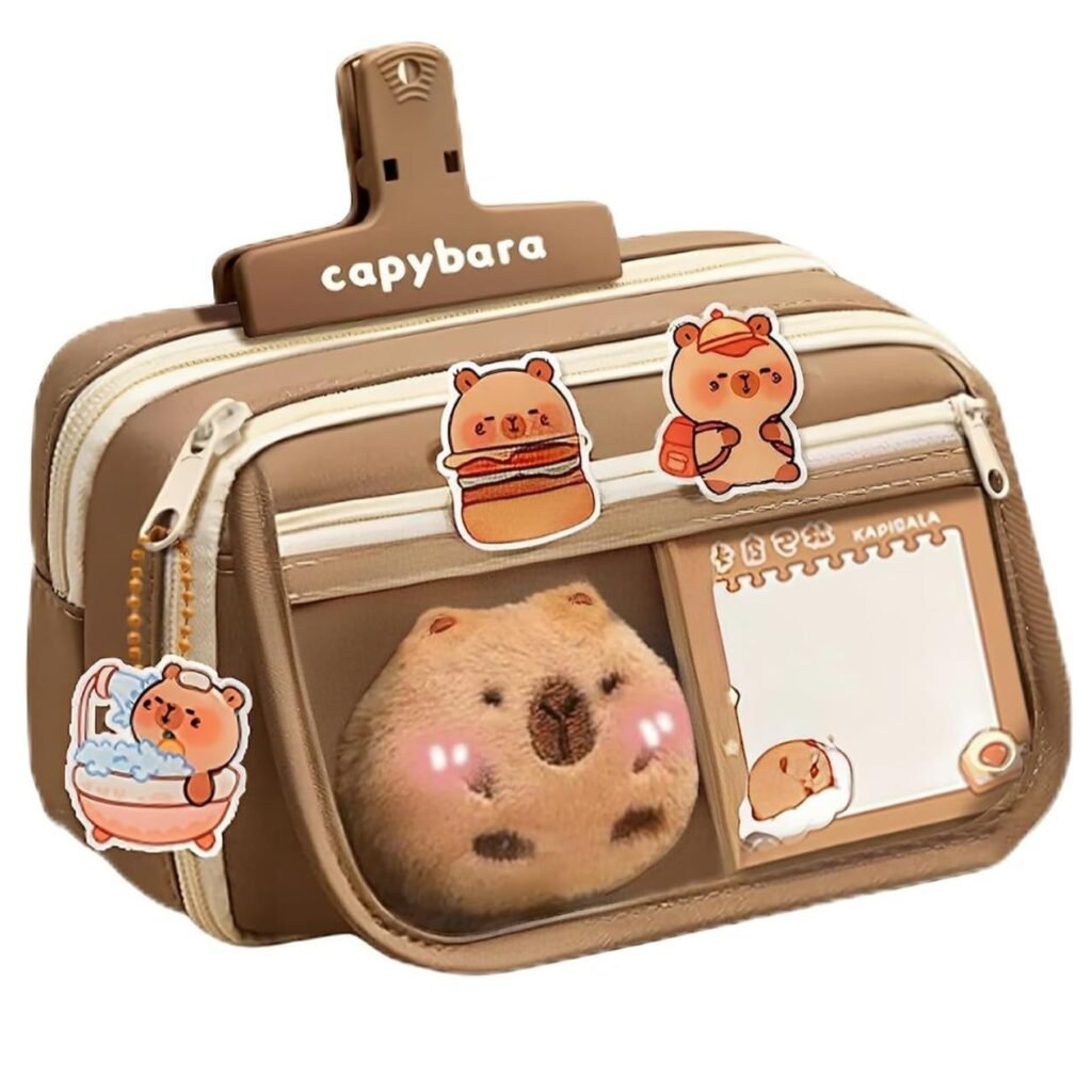 Estuche de Capibara con Broche de Felpa, Bolígrafo, Notas Adhesivas, Llavero